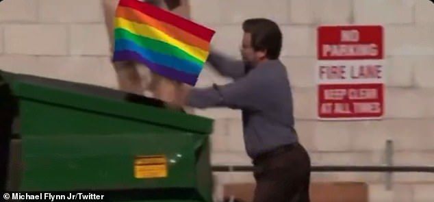 The nepo baby of disgraced National Security Advisor Michael Flynn shared a doctored clip of the 54-year-old Peabody Award winner's character Ron Swanson trashing a Pride flag (which was really a computer) into a dumpster