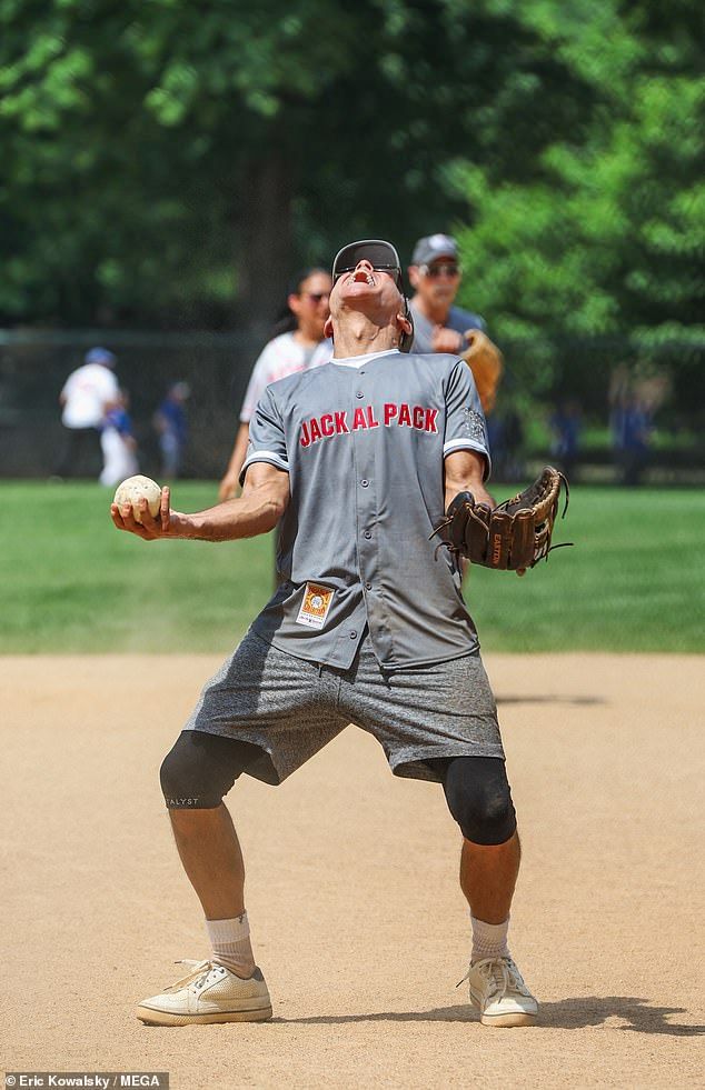 The Hollywood A-lister, 64, was pictured laughing and joking around during the Annual Broadway League Softball Game in sunny New York