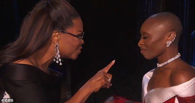 Winfreyserved presenting duties and took part in a skit with Tony Awards host Cynthia Erivo (R) where she asked the Wicked star to hold her finger