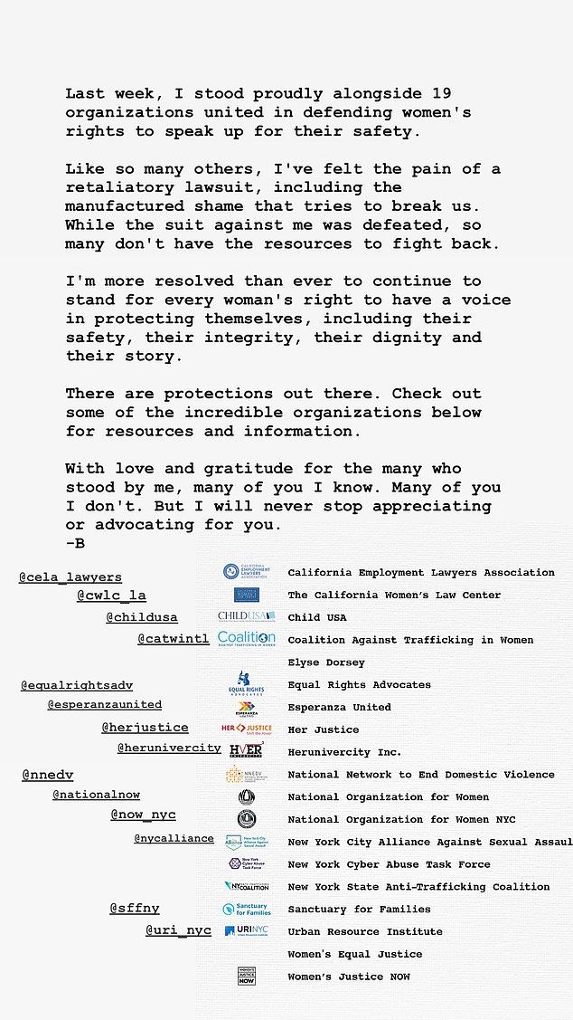 In an Instagram post Lively wrote about the 'pain' of her experience with a 'retaliatory lawsuit' and her commitment to defending women's rights