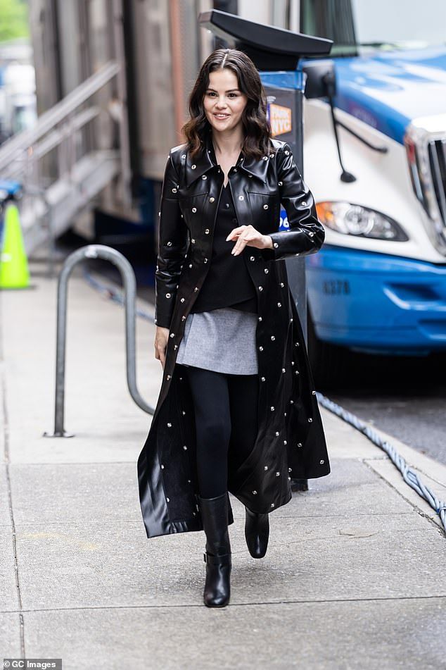 Selena Gomez looked effortlessly chic in a black leather trench coat as she filmed a scene for Only Murders In The Building series five in New York City on Monday