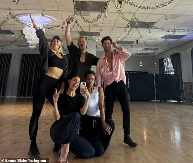 On Tuesday, Sasha was in great spirits as he reunited with his ex-wife Emma Slater (L) and other DWTS pros for some sort of rehearsal at Aesthetic Dance Studios in Sherman Oaks