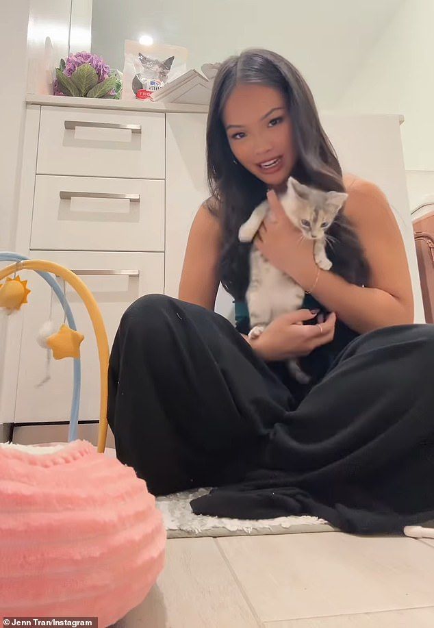Jenn - who proudly flaunted her bikini body at Miami Swim Week - has been obsessed with a female kitten she named Penelope that she began fostering from Pawsitive Beings Rescue Inc. on May 24 (pictured May 25)