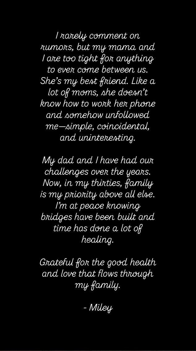 The Flowers hitmaker also squashed rumors of a feud with her family and issued a statement on her Instagram stories which read: 'I rarely comment on rumors, but my mama and I are too tight for anything to ever come between us'