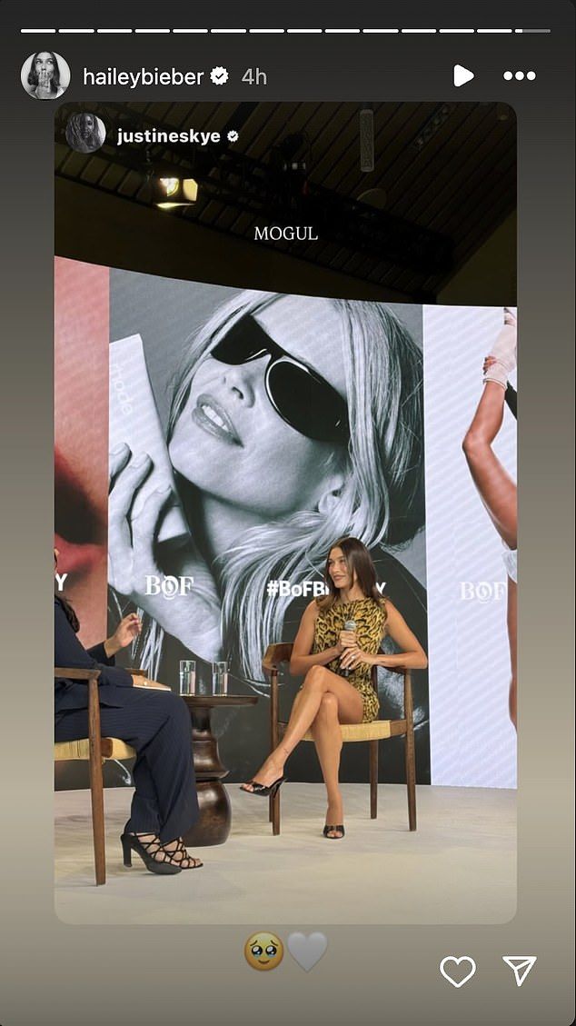 While Justin was noticeably absent from the event, Hailey did have the support of her BFF Justine Skye, who captured a photo of the star while seated in the audience