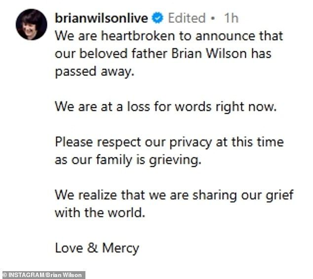 His children announced Wilson's death on the singer's official Instagram page this Wednesday, along with what appeared to be a recent photo