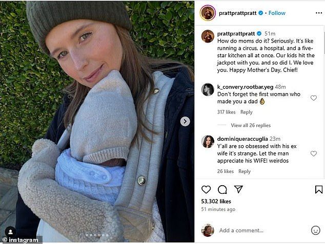 He took to Instagram to pay tribute to wife Katherine Schwarzenegger, writing in a caption, 'How do moms do it? Seriously. Its like running a circus, a hospital, and a five-star kitchen all at once. Our kids hit the jackpot with you, and so did I. We love