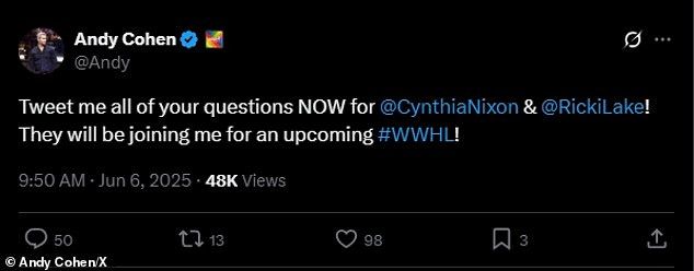Both ladies are scheduled to appear on the ironically-titled Watch What Happens Live with Andy Cohen airing this Thursday, which marks Ricki's seventh time appearing on the boozy Bravo talk show