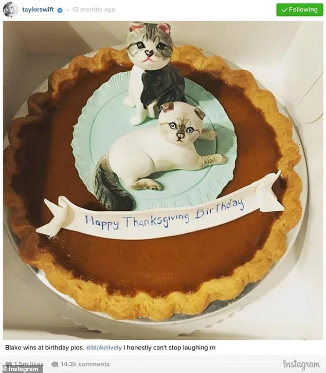 Another photo deleted before their falling out showed a pumpkin pie Blake made or procured for Taylor with figurines of her Scottish fold cats on it