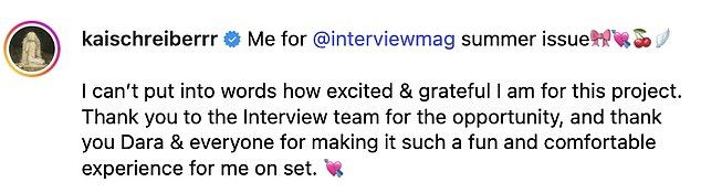 Kai took to Instagram to thank those involved with the feature story and adjacent photoset on Wednesday