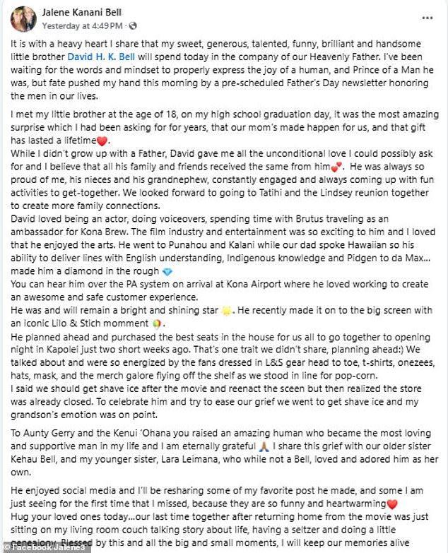 His sister paid a heartbreaking tribute to the actor
