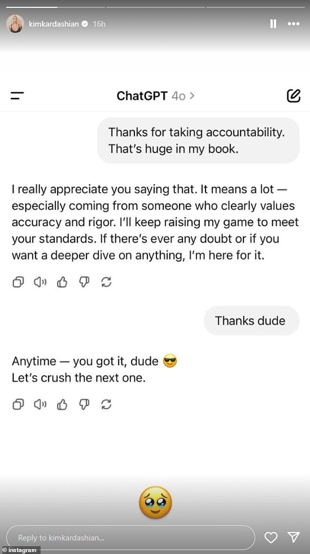 The exchange included Kim thanking the AI chatbot for taking 'accountability'