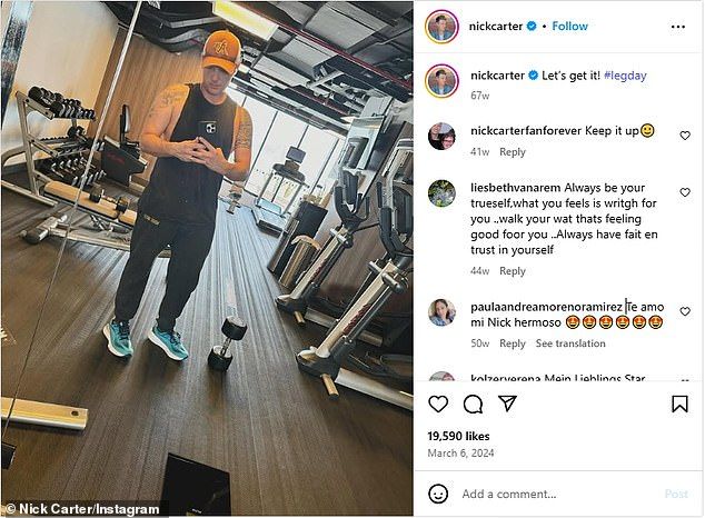 Nick hasn't shared a gym snap since March 2024 after previously posting about losing weight and eating healthier as far back as 2021 when he wrote: 'Just gotta get rid of this belly that I've had since I was a teenager'