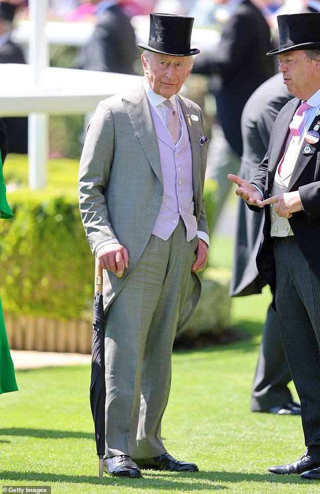 King Charles III speaks to Sir Francis Brooke as he attends day two of Royal Ascot
