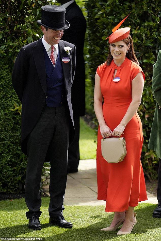 Princess Eugenie (seen with her husband Jack Brooksbank) looked striking in a full length red gown, which she paired with a hat in the same hue, and nude pumps as she attended Ascot on Saturday