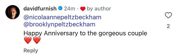 His husband David had earlier added his own loving message, commenting 'Happy Anniversary to the gorgeous couple'