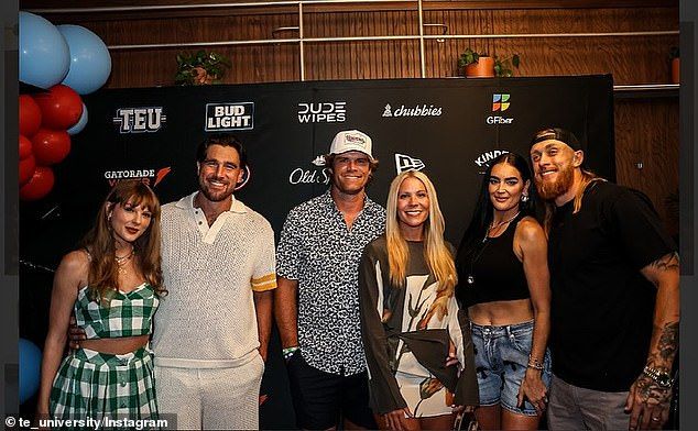 Fans gushed in the comments that their casual entrance at the low-key event in Nashville, was the 'perfect' way for the two to make their red carpet debut as a couple; pictured with co-founders Greg Olsen (center) and wife Kara and 49ers star George Kittl