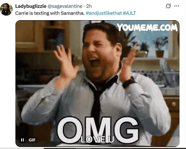 Ladybug Lizzie (@sagevalentine) tweeted an OMG GIF, adding, 'Carrie is texting with Samantha. #andjustlikethat #AJLT.'