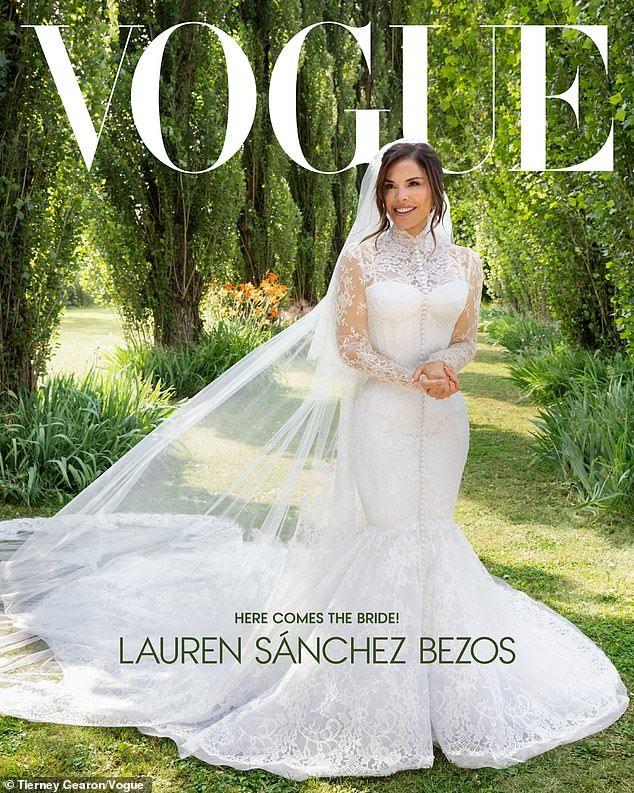Lauren Sanchez pictured on the cover of Vogue in the Dolce & Gabbana wedding gown she wore to marry Jeff Bezos