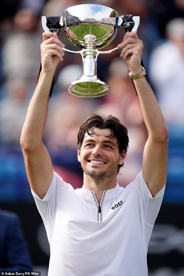 Taylor Fritz (pictured) celebrates winning the Eastbourne Open at Devonshire Park Lawn Tennis Club on June 28
