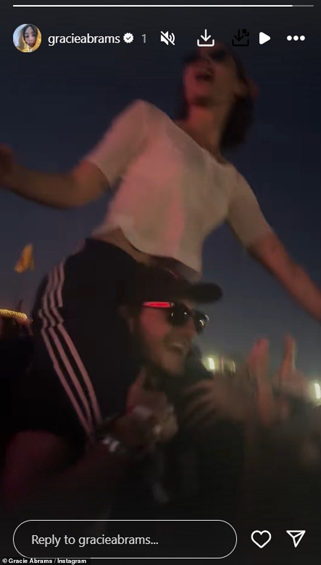 Gracie Abrams continued her loved-up weekend at Glastonbury with boyfriend Paul Mescal, as she danced on his shoulders during The Cure's set on Sunday