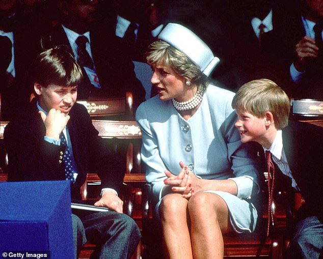 Diana with her sons, Prince William (left) and Prince Harry, at the VE Day commemorations in London in May 1995