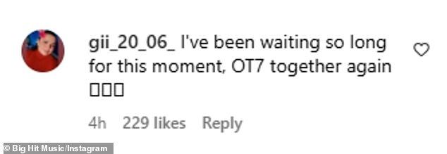 'I've been waiting so long for this moment, OT7 together again,' Instagram user @gii_20_06_ gushed
