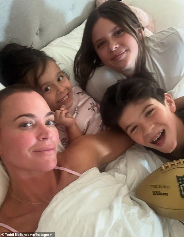 On Monday morning - her actual birthday - the RHOBH guest star shared a selfie with Cruz, Slate, and her five-year-old daughter Dove in bed captioned: '43 was pretty rough but couldn't ask for a better start to 44 with worlds best cuddlers'