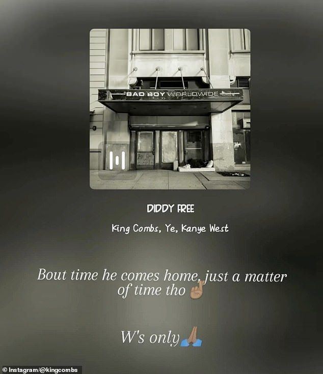 Later on Wednesday, he posted a snippet of his song Diddy Free  which features Kanye West  along with the single's photo of Diddy's Bad Boy Records headquarters. 'Bout time he comes home, just a matter of time tho ,' he wrote, adding, 'W's only '