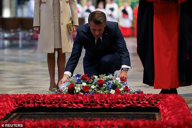 Earlier in the day, President Macron laid a wreath at the Tomb of the Unknown Warrior alongside his wife inside Westminster Abbey
