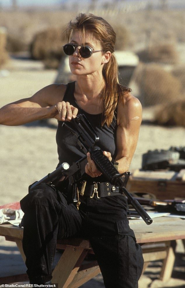 She is seen in her iconic role as Sarah Connor in 1991's Terminator 2: Judgment Day