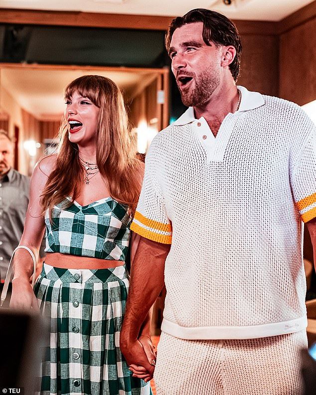 Taylor Swift, 35, and Travis Kelce, also 35, whisked themselves away for a romantic trip to celebrate the Fourth of July at the members-only Yellowstone Club in Montana; seen in June in Nashville