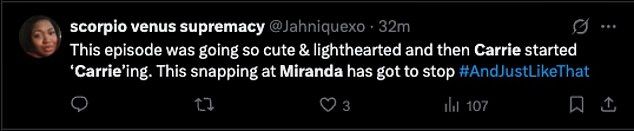 Fans on social media seemed to side with Miranda, with one blasting Carrie as 'insufferable' and another writing, 'Carrie was talking to Miranda crazy. She really is a terrible friend'