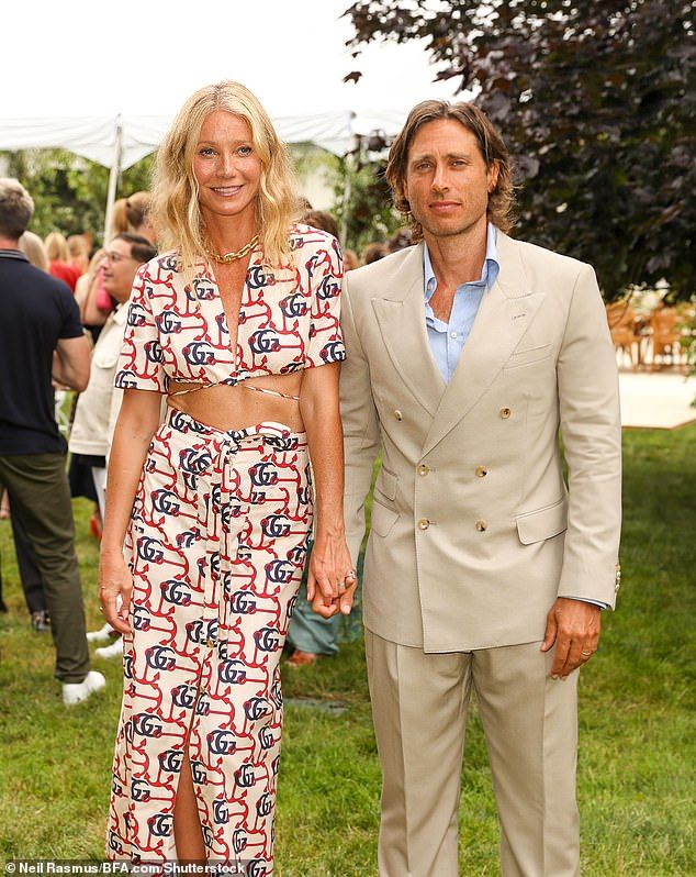Her husband did not appear in her Instagram post at any point, so Paltrow just ended her video with a clip of the finished product after laboring in the kitchen; pictured July 2023 in the Hamptons