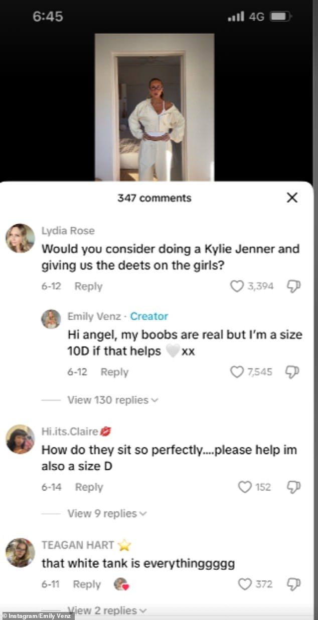 One fan flocked to the comments to ask Emily if she can share details about her boob job