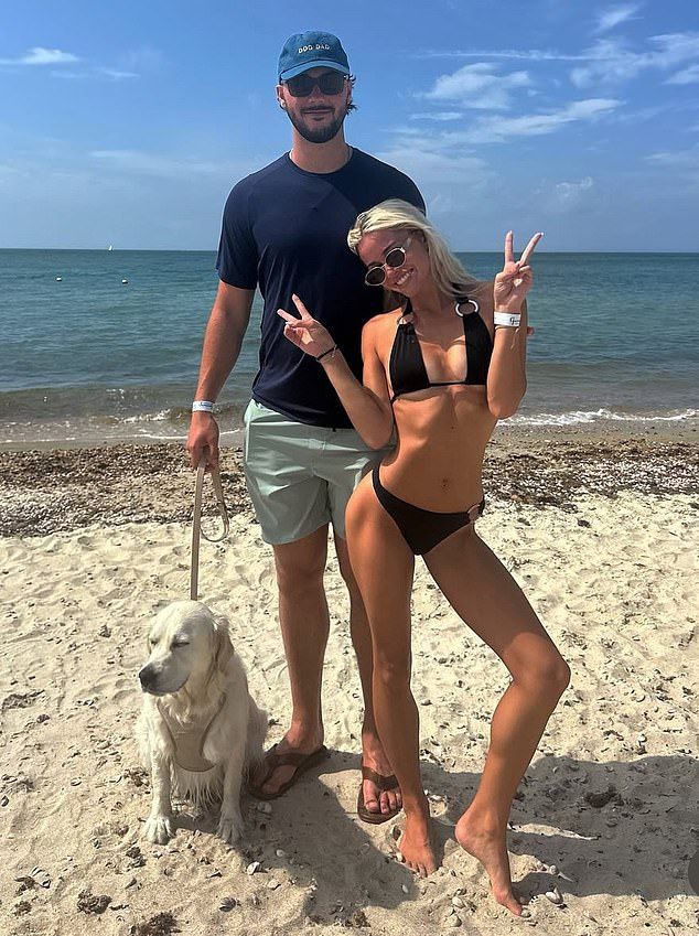 The former gymnast poses alongside her boyfriend, Paul Skenes, and their dog Roux
