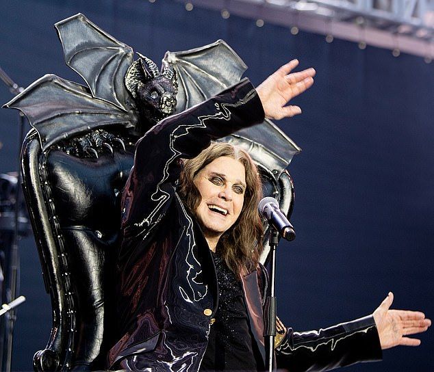 The Black Sabbath frontman, who has died 'surrounded by love' at the age of 76, performed from a throne on stage at Villa Park in Birmingham less than three weeks ago (pictured at the gig)