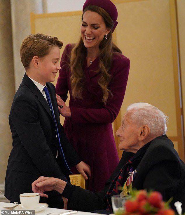Prince George and the Princess of Wales join Second World War veterans at a tea party in Buckingham Palace in May