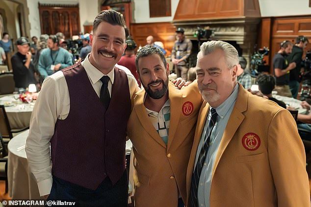 Travis Kelce, Adam Sandler and Ed Kelce are pictured on the set of Happy Gilmore 2