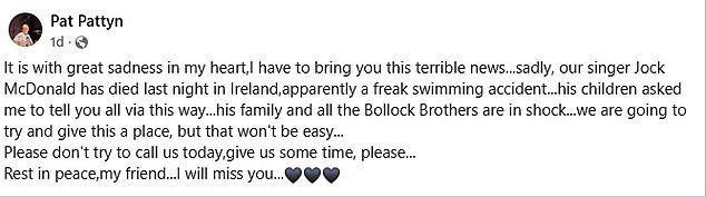 The B*****k Brothers star drowned in Bundoran, Ireland on July 26, with the band's drummer Pat Pattyn confirming the news social media on Monday