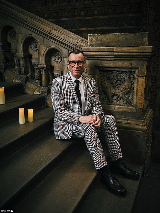 Uncle Fester star Fred Armisen, 58, (pictured) rocked a black, red and white dog tooth suit
