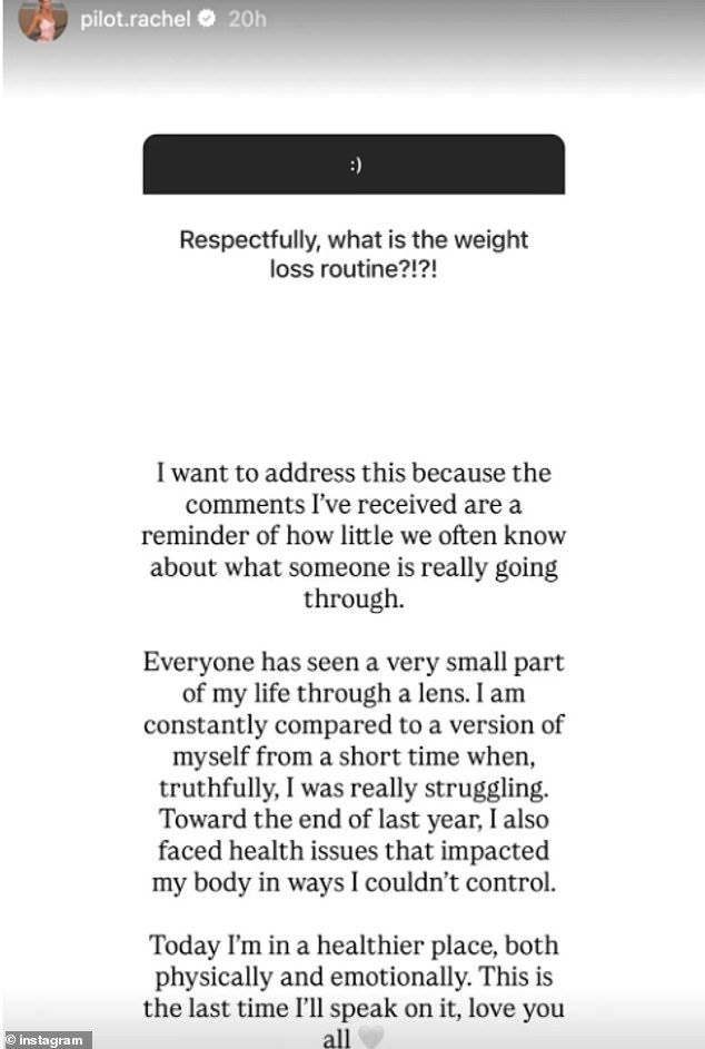 When a fan wrote 'Respectfully, what is the weight loss routine?!?!?', Rachel answered vaguely