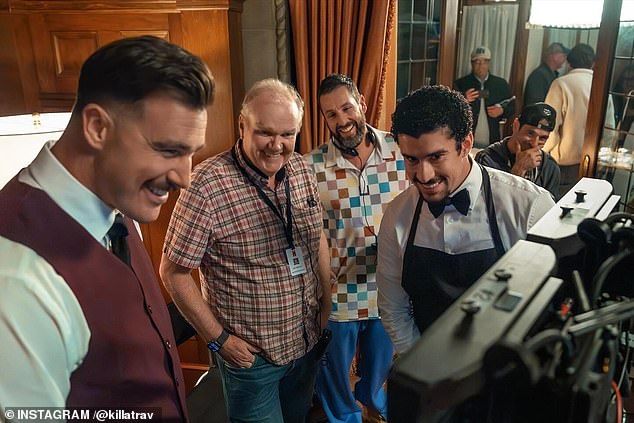 The tight end shared the screen with musician Bad Bunny (right) during a hilarious scene