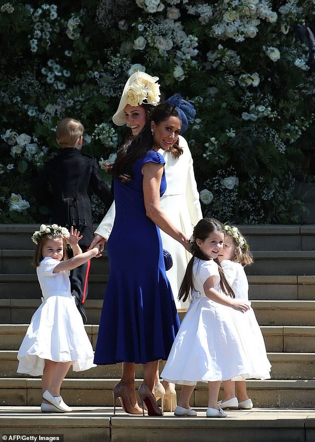 Jessica pictured with the Princess of Wales at Meghan's wedding. Jessica's twin sons, Brian and John, were pageboys at the Royal wedding, while her daughter Ivy was a bridesmaid alongside Princess Charlotte