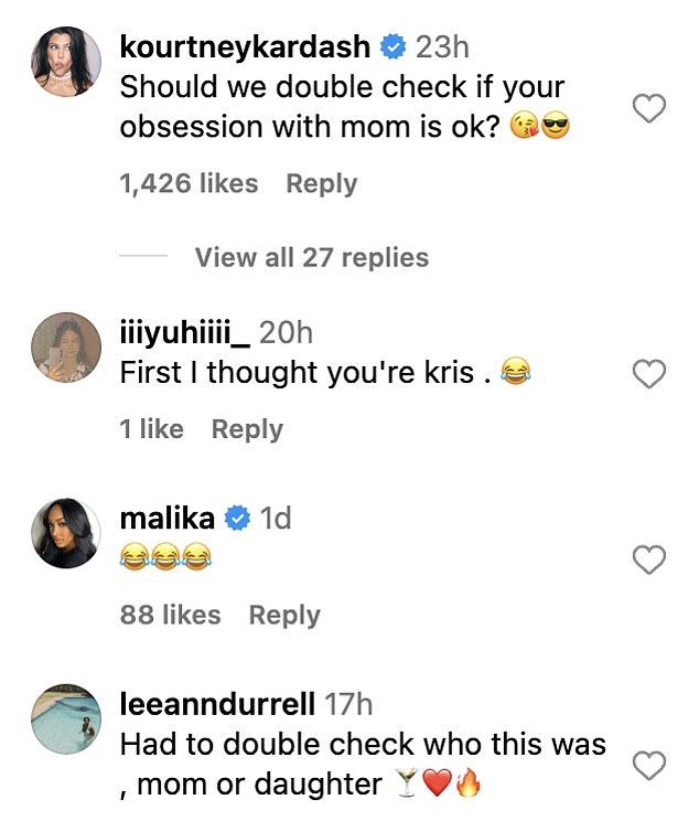 Kris' firstborn child, daughter Kourtney Kardashian, teased her sister Khloe, writing, 'Should we double check if your obsession with mom is ok?'