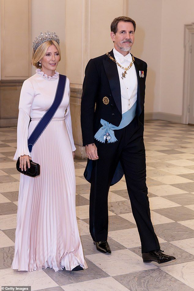 Crown Princess Marie Chantal of Greece and Crown Prince Pavlos of Greece attend the gala diner to celebrate the 18th birthday of H.K.H. Prince Christian's at Christiansborg Palace on October 15, 2023 in Copenhagen, Denmark