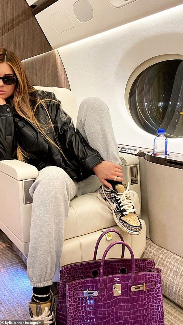 Hours flown in private-jet hours flown hit record numbers in 2022 and have stayed up ever since (pictured: Kylie Jenner relaxing in her private jet)
