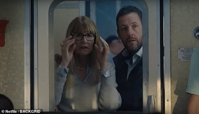 The star-studded cast also features fellow Oscar winners Laura Dern (left with Adam Sandler) Jim Broadbent as well as Isla Fisher, Billy Crudup and Barbie director Greta Gerwig
