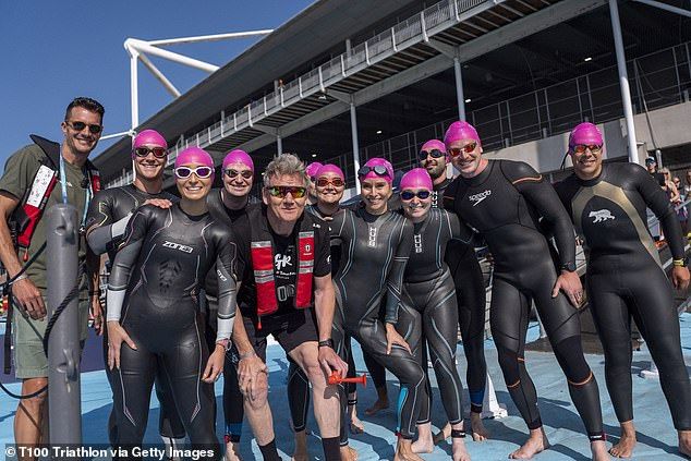 Celebrity chef Gordon, 58, was joined by his wife Tana, daughters Megan, 27, and Tilly, son Jack, 25, and Adam as 'Team Ramsay' took on the T100 Triathlon World Tour at the Royal Victoria Dock