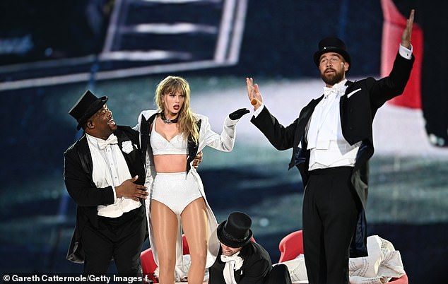 During Swift's Wembley Stadium show, Kelce appeared on stage with her as a backup dancer